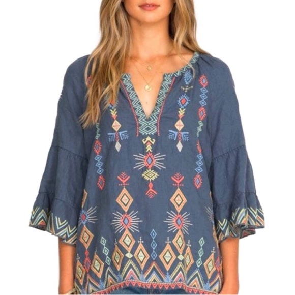 Johnny Was Cerise Tiered Sleeve Linen Peasant Top | Size Medium - Picture 2 of 7